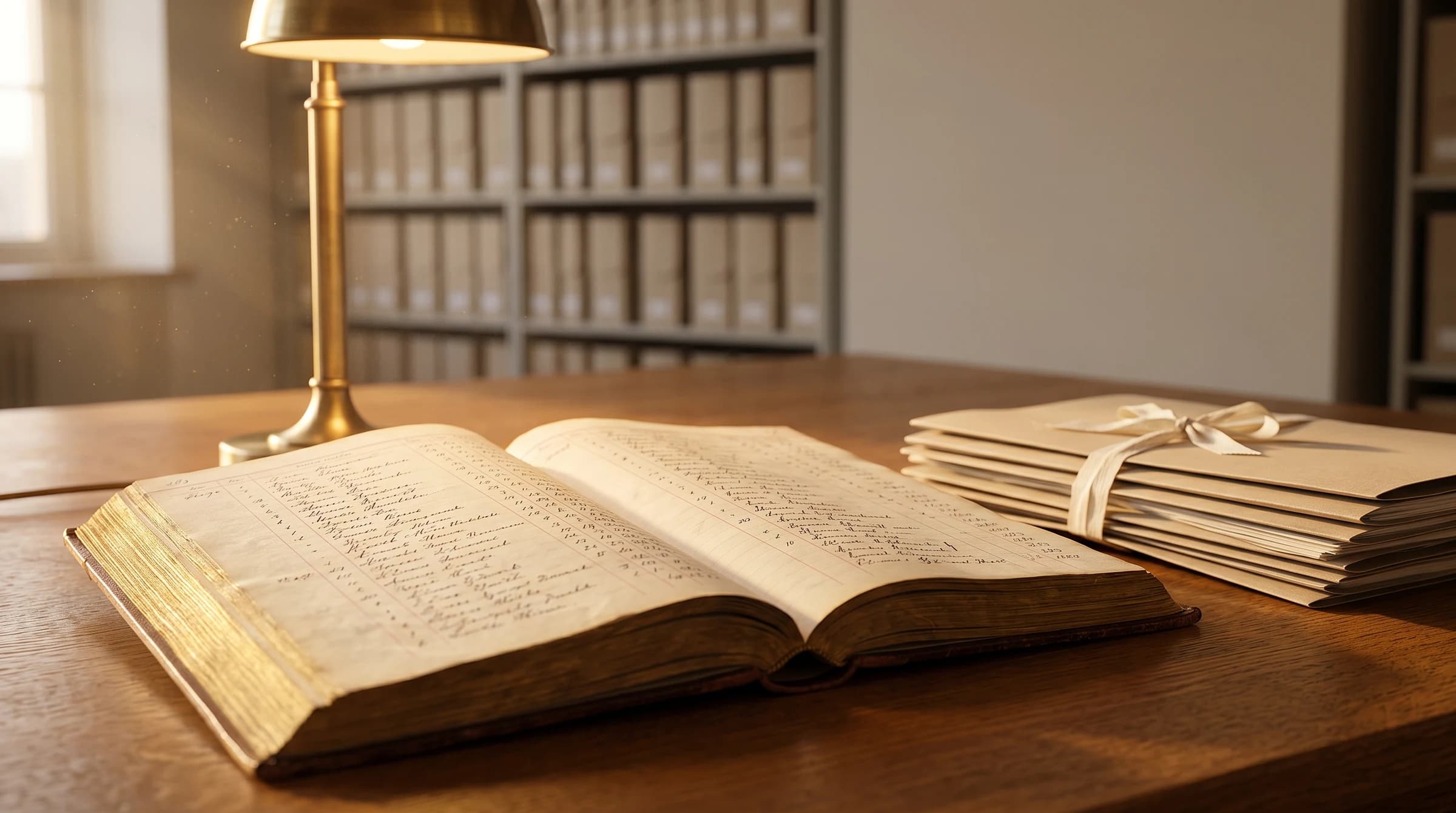 A public record kept as a bound paper ledger, by lamplight