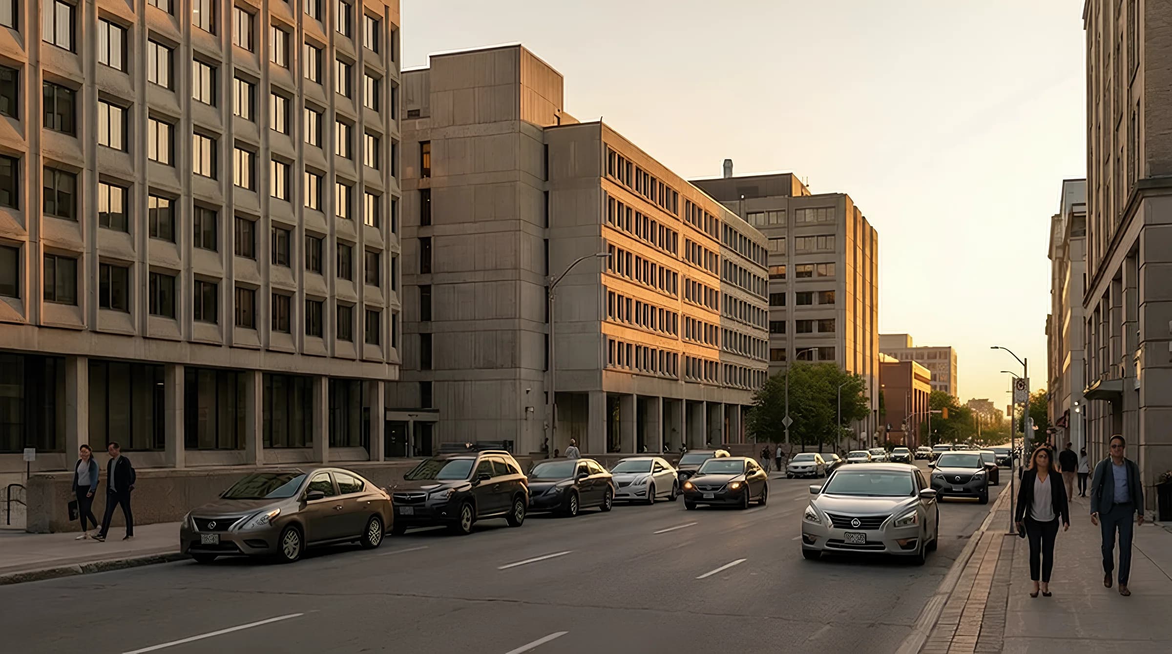 A downtown block of underused mid-century government office buildings