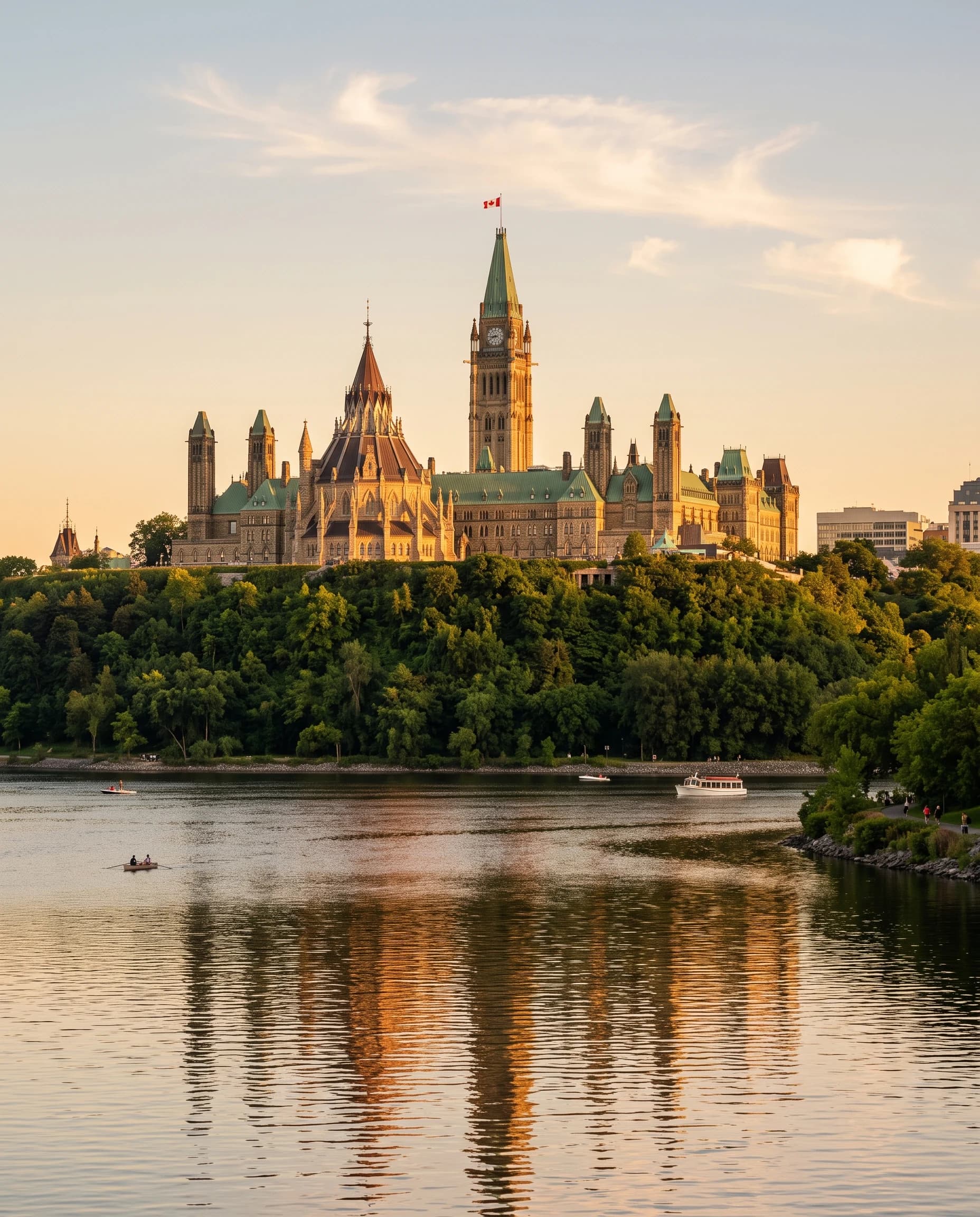 Parliament Hill above the Ottawa River at golden hour