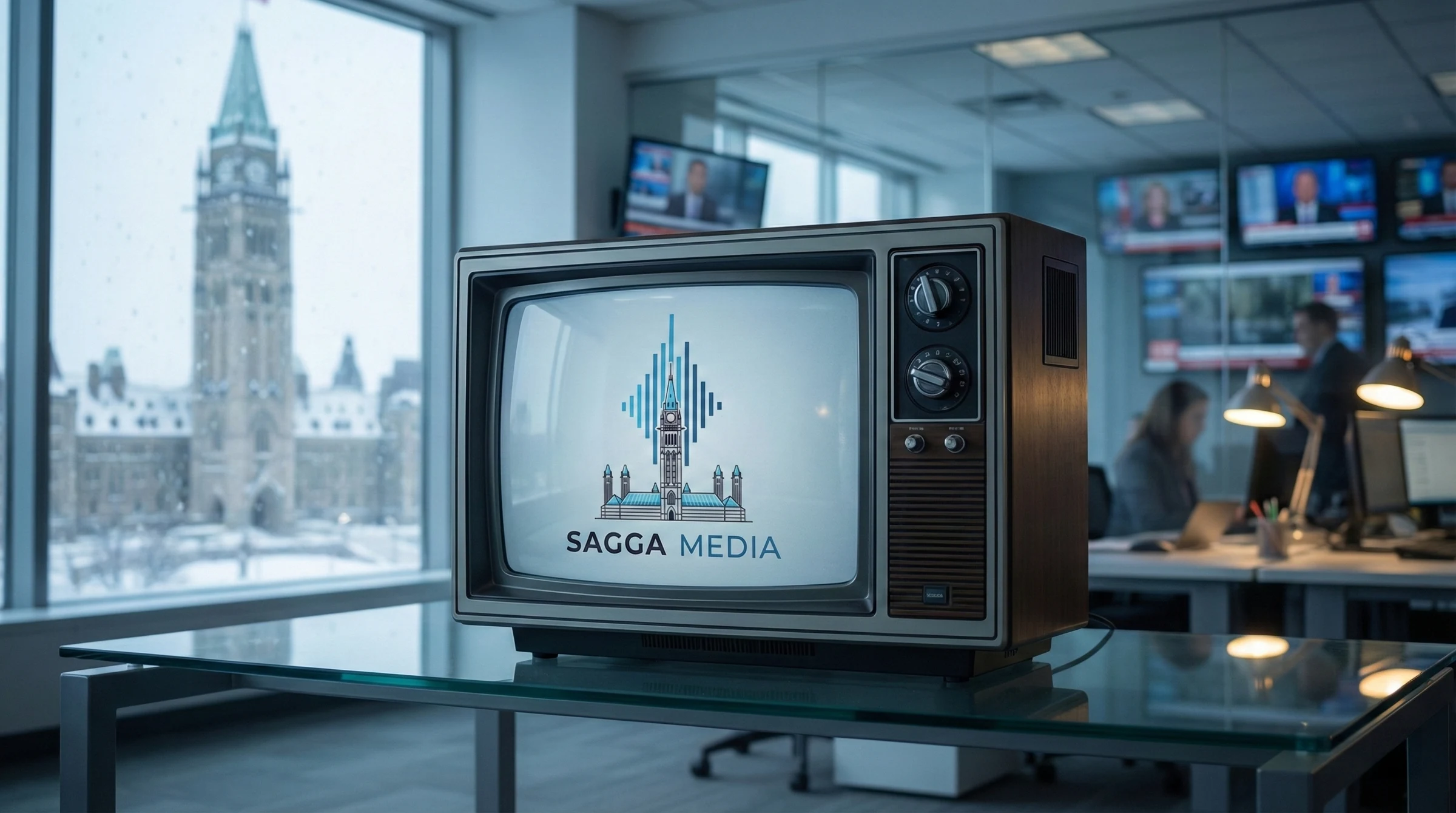 A Sagga Media broadcast in a newsroom overlooking Parliament