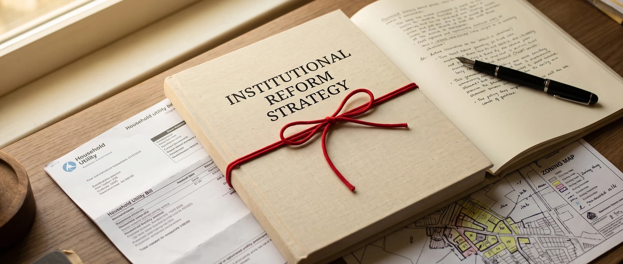 An institutional reform strategy dossier, sealed and traced with red string