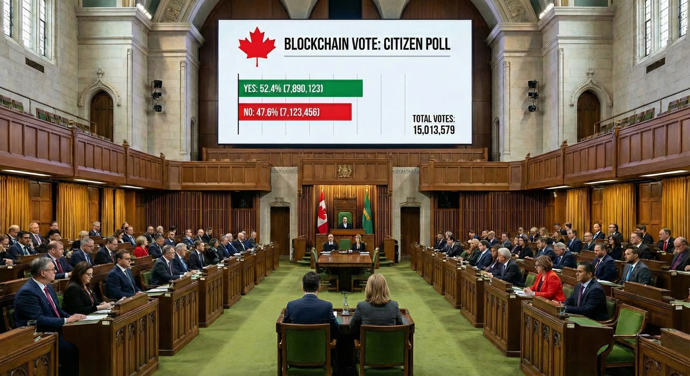 The House of Commons with a live verified citizen poll on the chamber screen