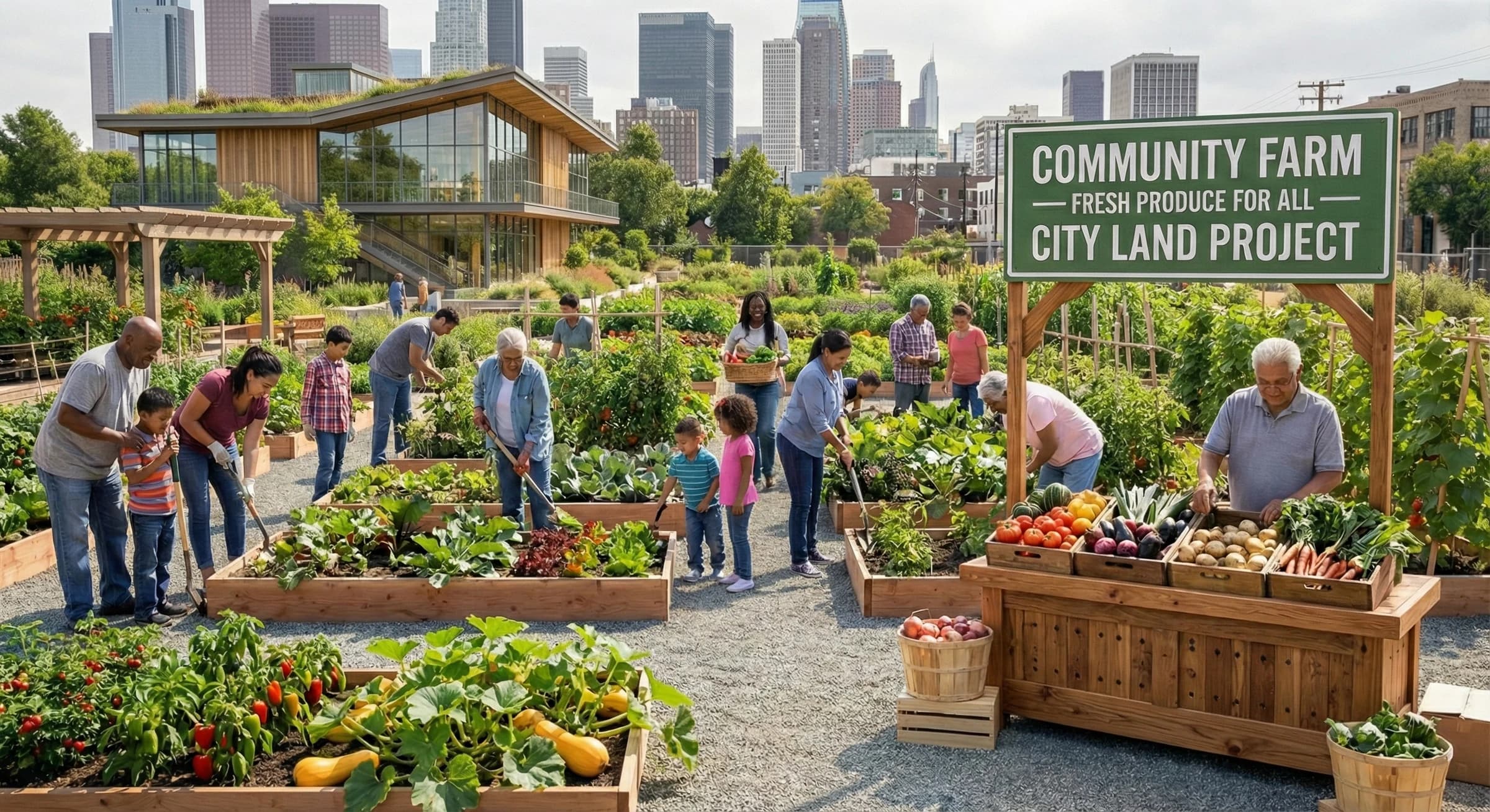 A community farm on city land, residents harvesting shared produce