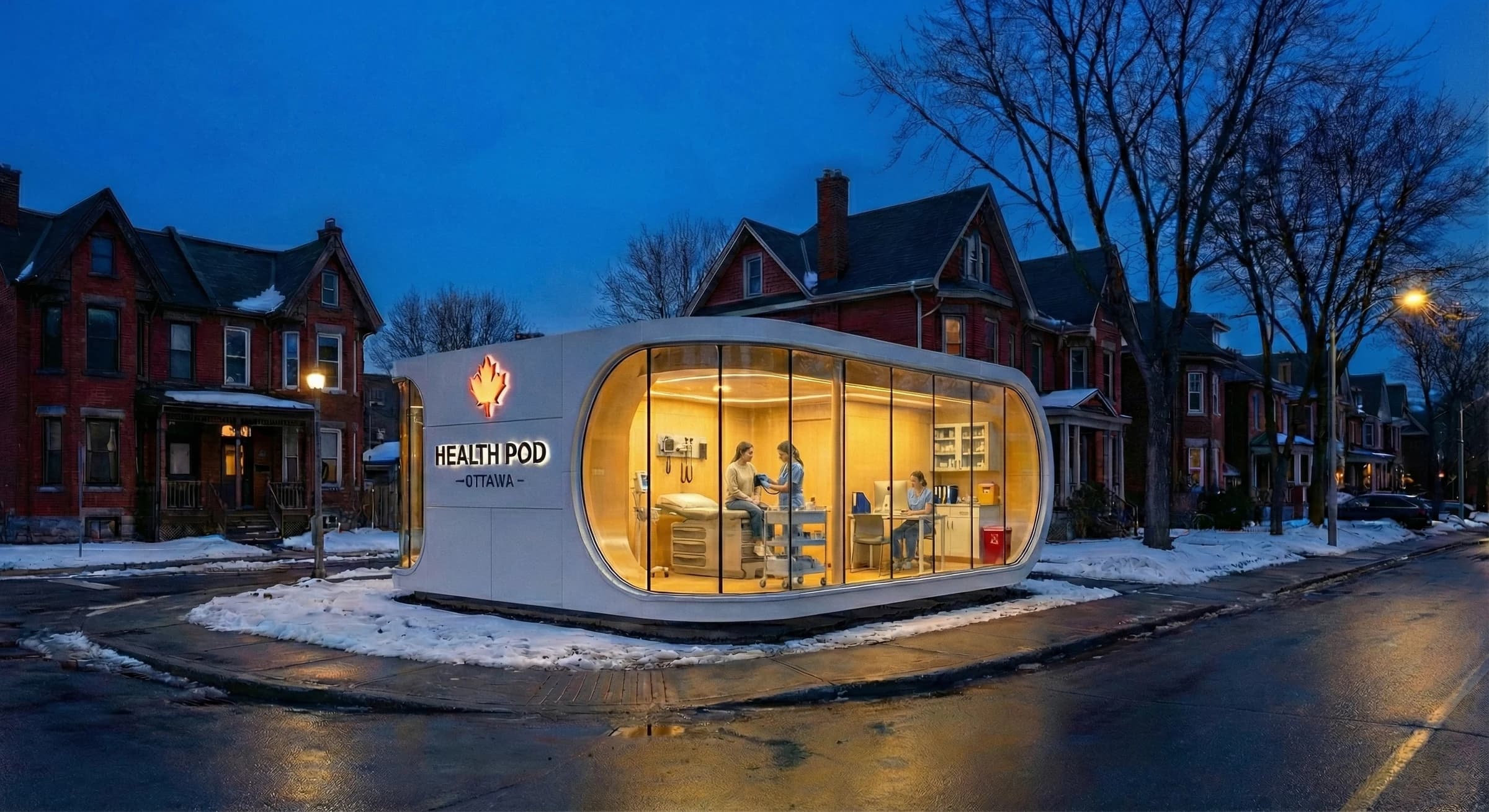 A neighbourhood health pod open on an Ottawa street at dusk