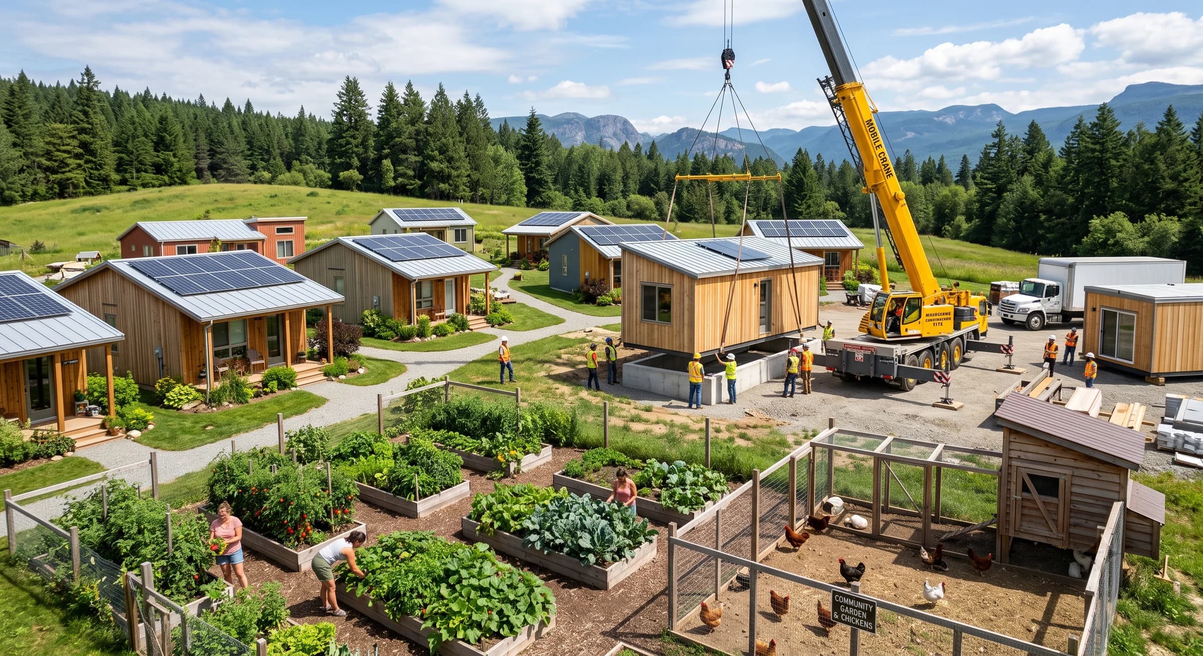 A modular home being craned onto its foundation beside completed homes and community gardens